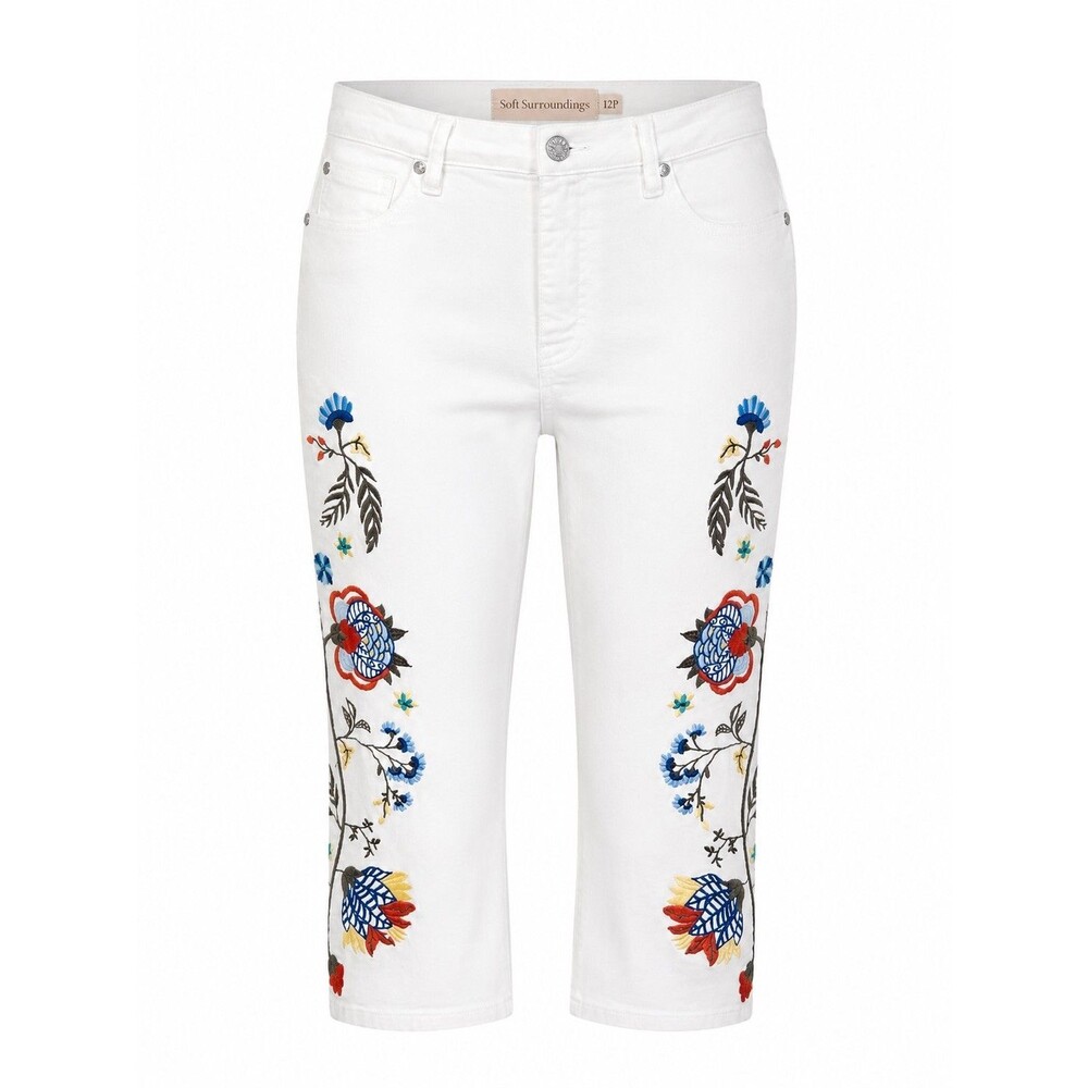 Soft Surroundings Embroidered White Capri Jeans Petite 12P Floral Stretch Boho